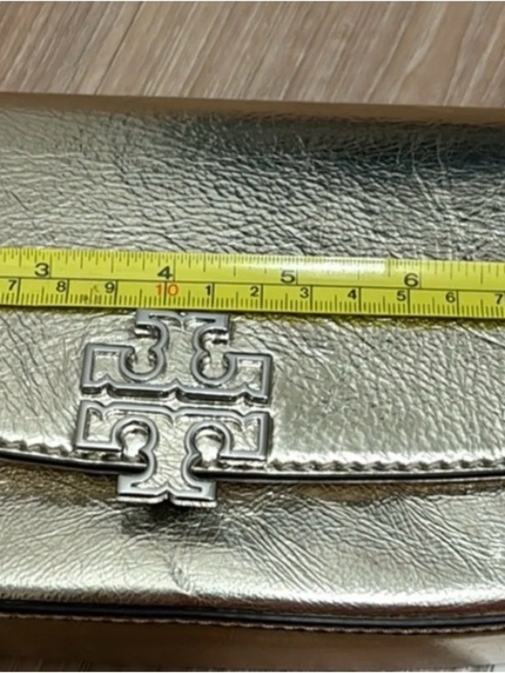 Tory Burch Metallic Gold Leather Clutch with Logo Hardware